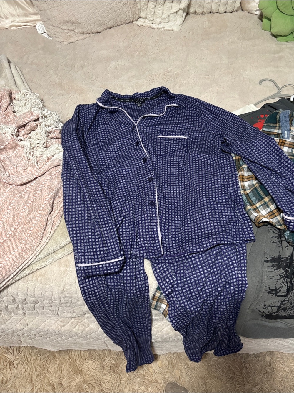 Jones New York Navy Blue Check Pajama Set with White Piping